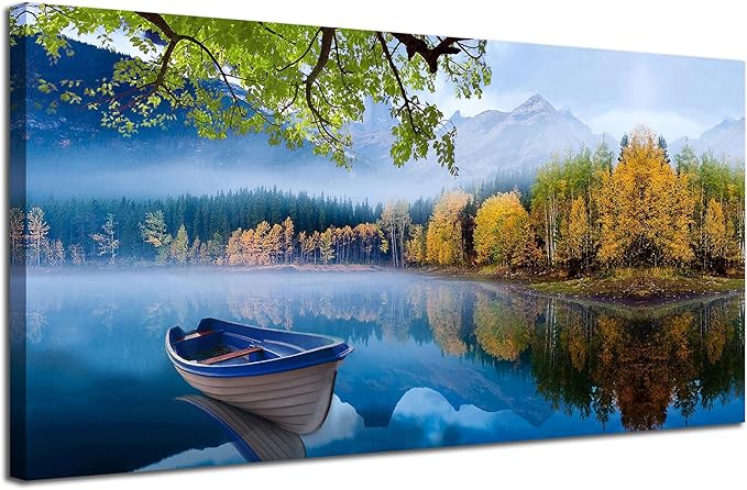 Arjun Landscape Wall Art for Living Room Lake Canvas Blue Picture Bedroom, Summer Nature Boat Artwork Modern Nature Painting Framed Large Home Office Dining Room Wall Decor 40"x20"