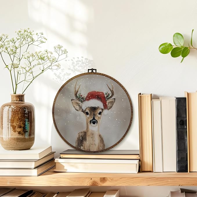 MOTERMATE Vintage Christmas Reindeer Wall Art Decor Round Framed, Rustic Winter Deer Canvas Wall Art Artwork Prints, Winter Xmas Reindeer Hanging Decor Decorations for Home Living Room, 10x10 Inch