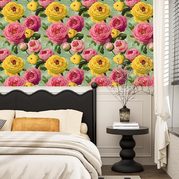 BOKEBEVE Colorful Floral Wallpaper Stick and Peel Vibrant Wall Paper Modern