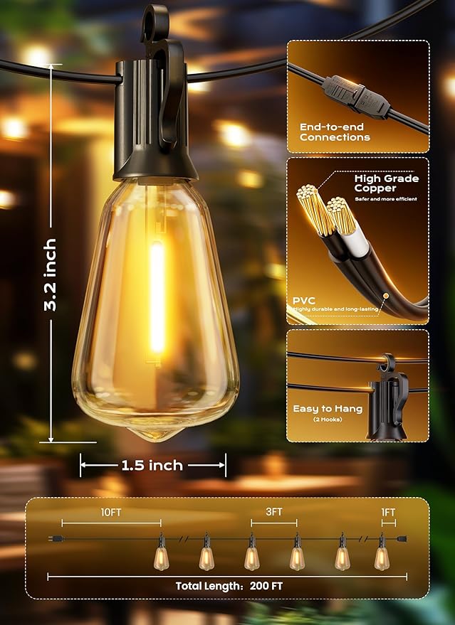 Brightown Outdoor String Lights, 200FT 64+2 LED ST38 LED Patio Lights Shatterproof, Dimmable IP65 Waterproof Connectable Hanging Outdoor Light for Backyard, Porch, Deck, Balcony