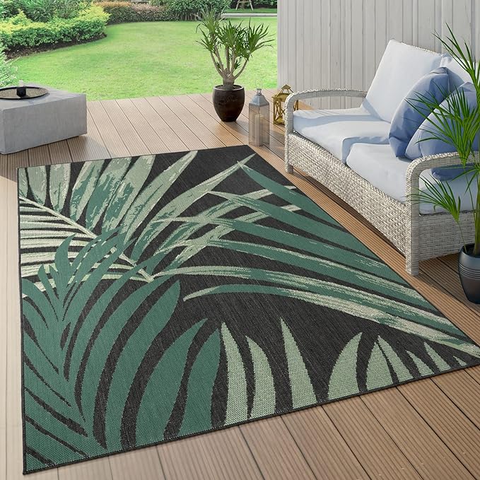 Tropical Outdoor Rug Palm Tree & Jungle Design Flatweave in Black Green, Size: 5'3" x 7'7"