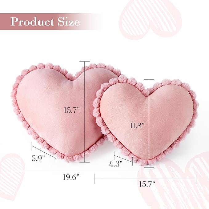 AELS Heart Shaped Pillow, Set of 2, Velvet Throw Pillows, Soft Velvet Love Pillows with Faux Fur Pom Poms, 20 & 16 Inches, Cute Valentines Day Decorations, Wedding Decor, Pink