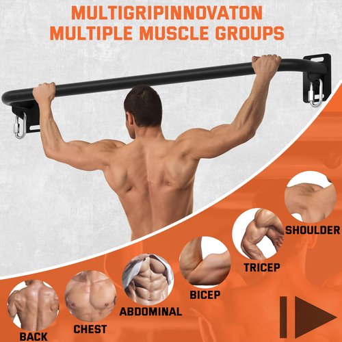 36" Heavy Duty Pull Up Bar Wall/Joist Mounted, 600 LB Capacity, Multi-Grip Bar for Garage & basement rafter Use - All-in-One Workout with Carabiners & Space-Saving Design