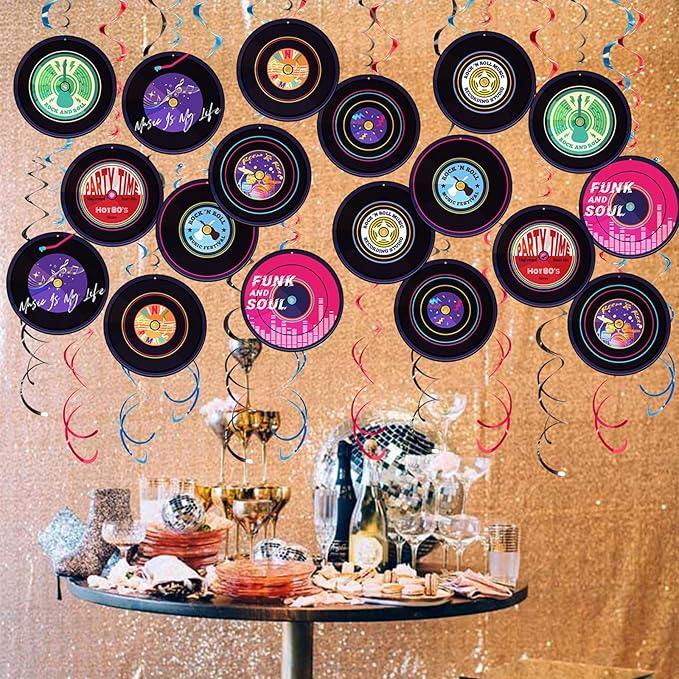 Rock and Roll Record Party Hanging Swirls, 48 Pcs, Music Theme Disco Party Decorations, Vinyl Record Design for 90s Or 50s Style Rock Music Dj Party Supplies, Black and Multicolor