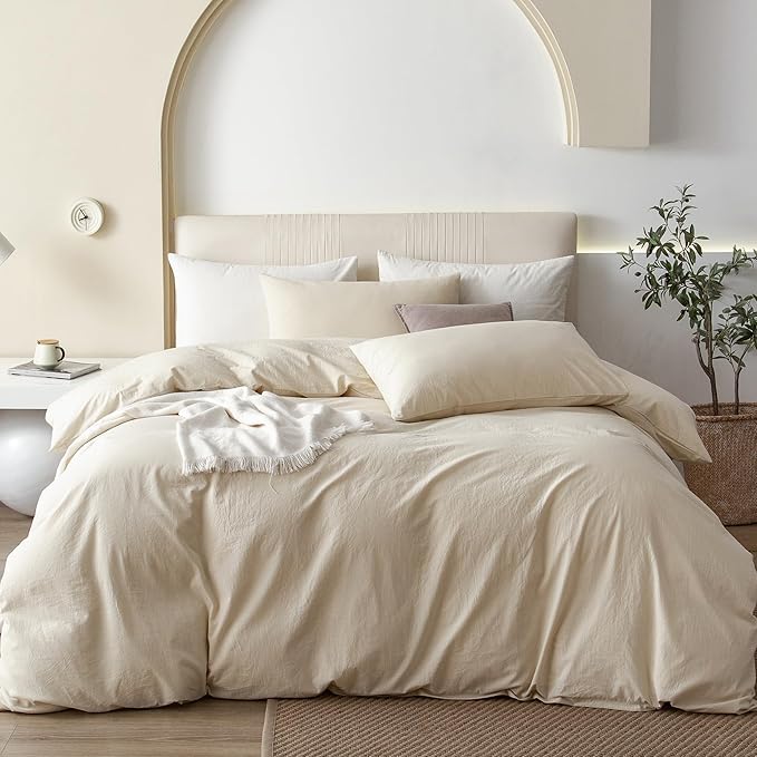 JIYUAN 100% Washed Cotton Duvet Cover Set 3 PCS Oversized King Plus, 1 Duvet Cover 128"x120"(Comforter Not Included) and 2 Pillowcases,Linen Feel Bedding Set Comfy and Breathable,Heathered Beige