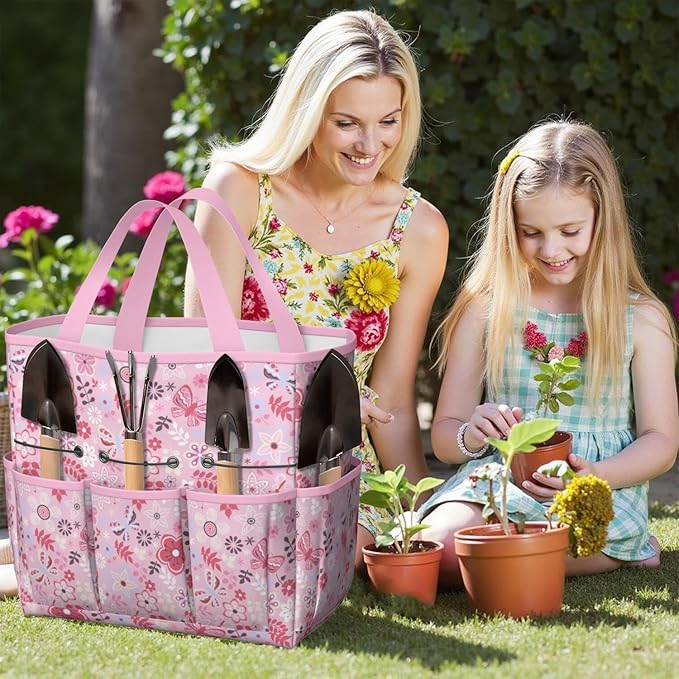 Floral Garden Tool Bag - Waterproof Garden Tote with 8 Pockets, Large Storage Home Organizer Gardening Tool Oxford Bag for Garden Tools Kits Holder, Ideal Outdoor Gardening Gift for Women & Men