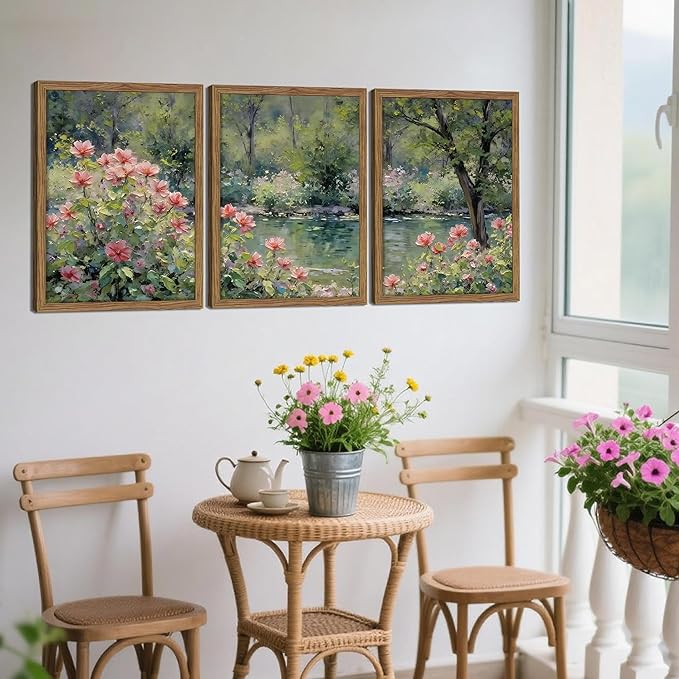 Framed Monet Wall Art Set of 3, Impressionist Botanical Floral Canvas Wall Decor