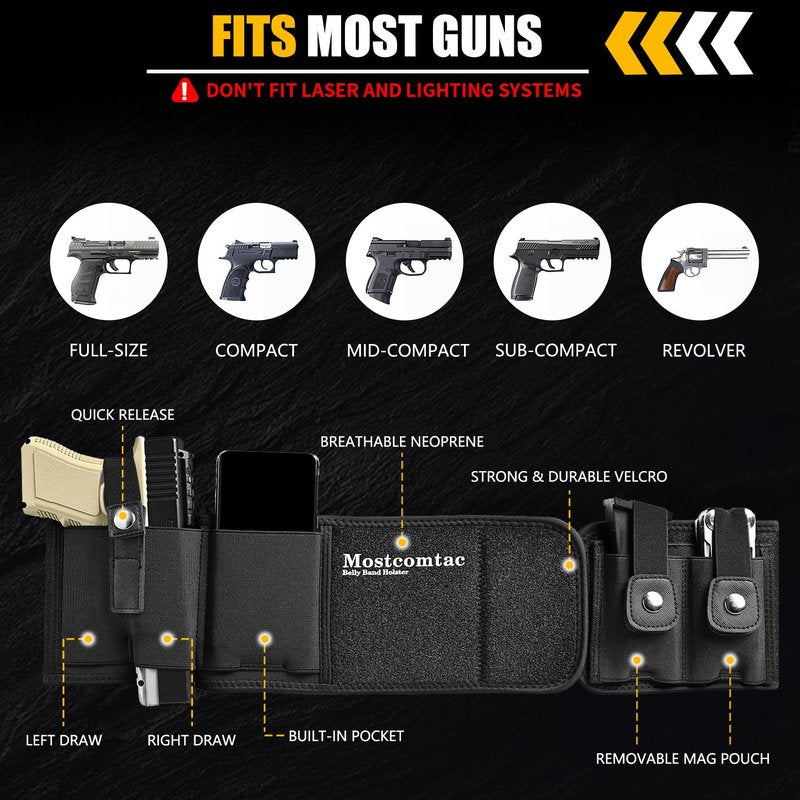 Mostcomtac Belly Band Holster for Men & Women - Comfortable Carry Gun Holster for 9MM and 380 with Breathable Neoprene, Fits Glock 19 17 42 43 43x, Taurus, Ruger LCP, S&W M&P Shield for Most Handguns