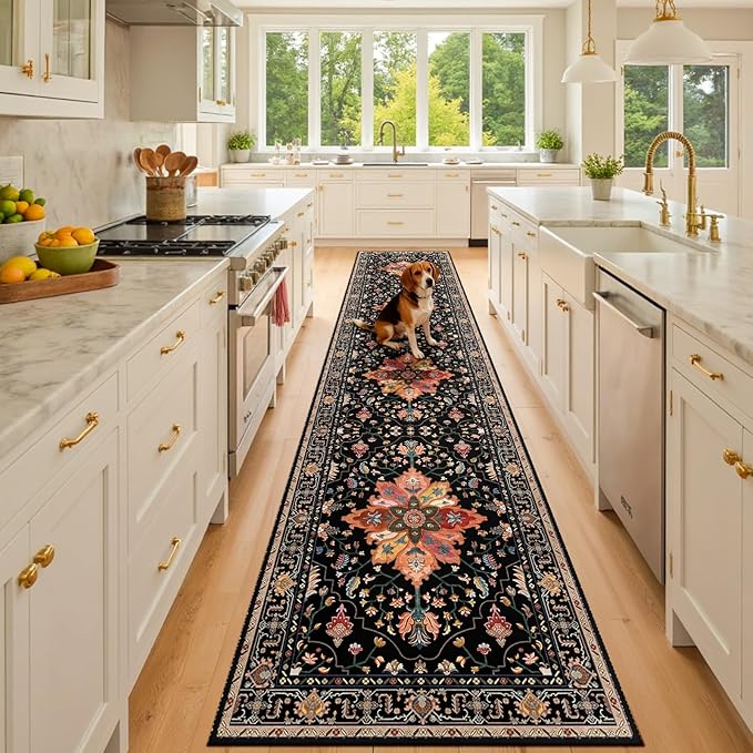 Area Rugs 2'x10' Runner Rug Non Slip Washable for Kitchen Hallway Bedroom Beside Laundry Room Bathroom Rug, Floor Carpet, Black Colorful Floral Dark Tan