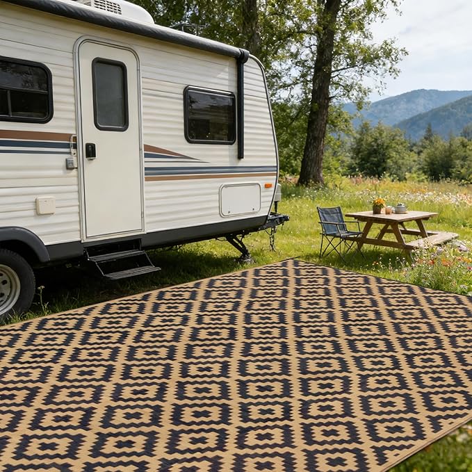 SAND MINE Reversible Mats, Plastic Straw Rug, Modern Area Rug, Large Floor Mat and Rug for Outdoors, RV, Patio, Backyard, Deck, Picnic, Beach, Trailer, Camping, Black & Brown, 8' x 16'