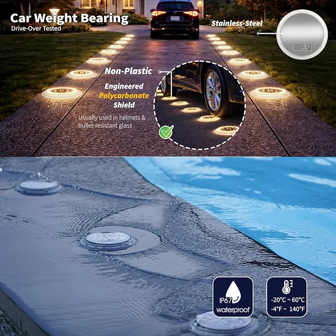 SHONELIGHTING Solar Driveway Lights, Super Bright 48 LED Disc Lights, Flat Low Profile IP67 Ground Lights Easy Install for Deck, Dock, Pathway, Patio, Walkway (Warm White, 12 Pack)