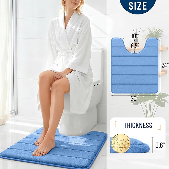 OLANLY Memory Foam Toilet Rugs U Shaped 24x20, Super Soft Absorbent Contour Bath Rugs, Quick Dry, Machine Washable Toilet Mat, Bathmat Carpet, Bathroom Home Decor Accessories, Cornflower Blue