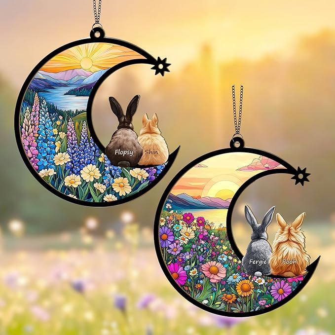 Personalized Bunny Suncatcher – Custom Rabbit Suncatcher with Name, Breed & Multiple Background Options, Pet Loss Sympathy Gift, Memorial Keepsake for Rabbit Lovers (Up to 3 Pets), Easter Decor