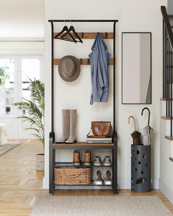VASAGLE Coat Rack, Hall Tree with Shoe Bench for Entryway, Entryway Bench with Coat Rack, 4-in-1, with 9 Removable Hooks, a Hanging Rod, 13.3 x 28.3 x 72.1 Inches, Rustic Walnut and Black UHSR040B41