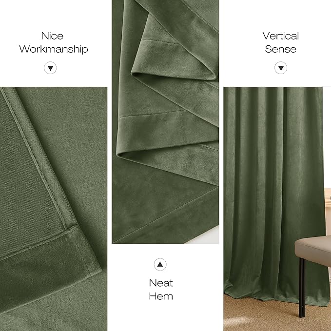 NICETOWN Sage Green Room Darkening Velvet Curtains 90 inches Long 2 Panels