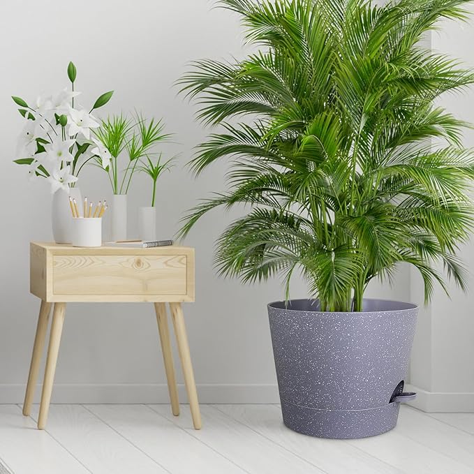 12 inch Large Self Watering Pots for Indoor Outdoor Plants, Plant Pots with Mesh Drainage Holes for Garden House Plants, Plastic Planters with Reservoir for Flower, Speckled Grey
