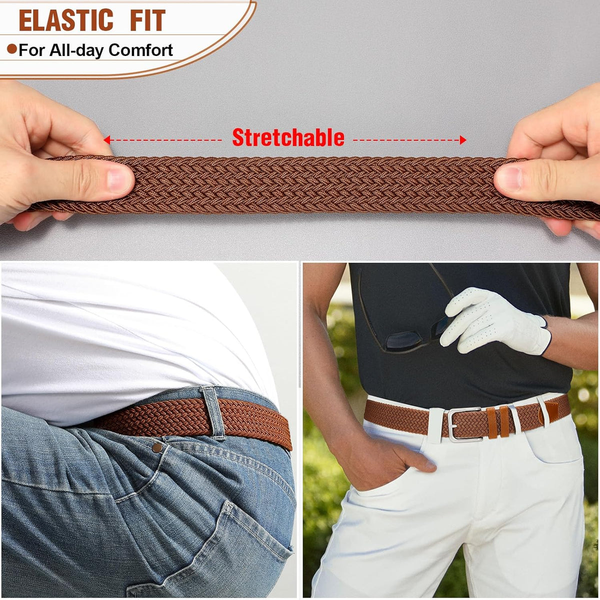 Skiennix Men's Braided Stretch Belt - Versatile Accessory for Golf, Casual Shorts & Jeans