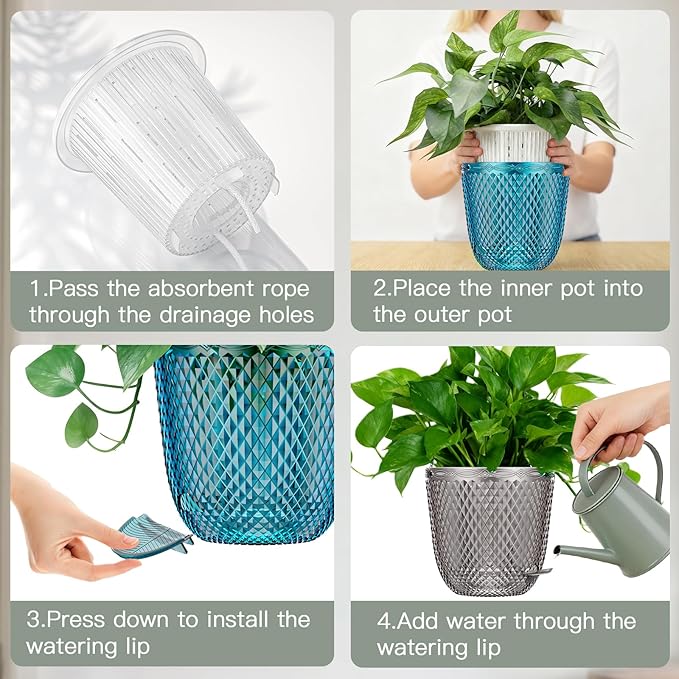 QCQHDU 2 Pack Self Watering Pots, 5.7 Inch Flower Pots with Drainage Holes and Water Filling Port, Plastic Garden Planter for Indoor Outdoor Plants (Emerald)