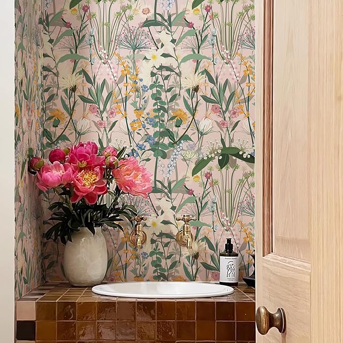 JiffDiff Floral Wallpaper Peel and Stick 17.3"x472" Pink Farm Wildwood Stick on