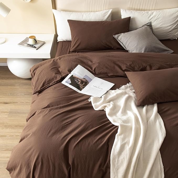 JIYUAN 100% Washed Cotton Duvet Cover Set 3 Pieces Cal King, 1 Duvet Cover 104x98 Inches(Comforter Not Included) and 2 Pillowcases,Linen Feel Bedding Set Comfy and Breathable,Chocolate Brown