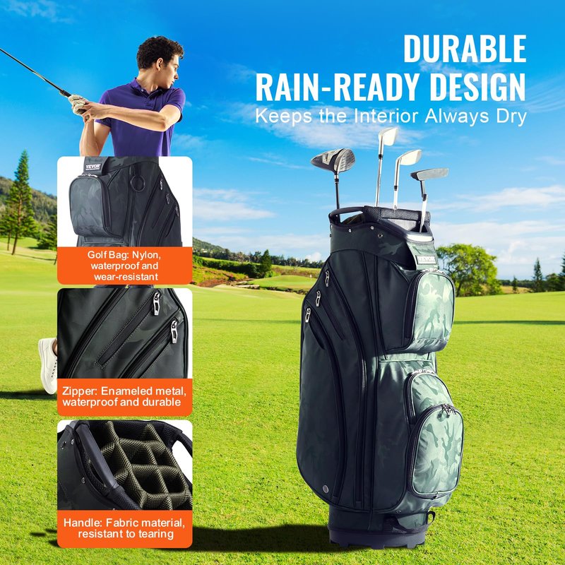 VEVOR Golf Cart Bag with 14 Way Organizer Divider Top, Premium Cart Bag with Stand, Durable Golf Bags with Handles & Dust Cover & Detachable Dual Strap for Men & Women (Army Green, 10 Pockets)