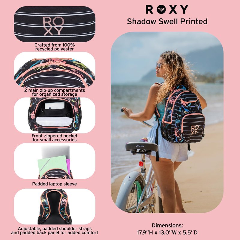 Roxy Women's Shadow Swell Backpack | Travel | Everyday Carry | Work | Gym | 21L | Recycled Polyester, Anthracite Island Escape