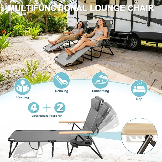 Outdoor Chaise Lounge Chair with 4-Position Adjustable Backrest, Patio Folding Sun Tanning Chair, Pillow & Cup Holder, Portable Recliner Sunbathing Lounger Chairs for Pool Beach Lawn Garden (Grey)