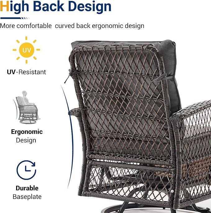 UDPATIO 3 Pieces Patio Furniture Set, Outdoor Swivel Rocker Patio Chairs Set of 2, All-Weather PE Wicker Glider Chairs with Thick Cushions and Glass Coffee Table，for Porch Deck Backyard Grey