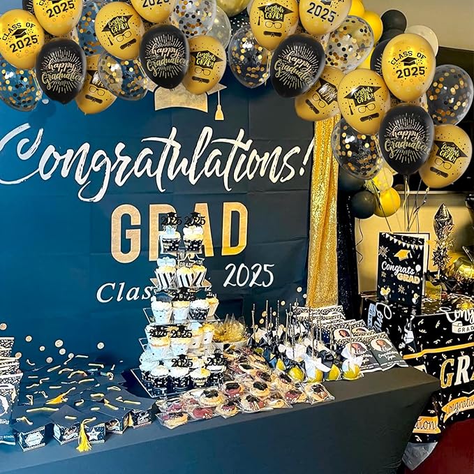 Graduation Balloons 2025 Grad Party Decoration, 50pcs 12 Inch Black and Gold Grad Latex Balloons Graduation Party Balloons for Grad class Celebrations Decoration Supplies