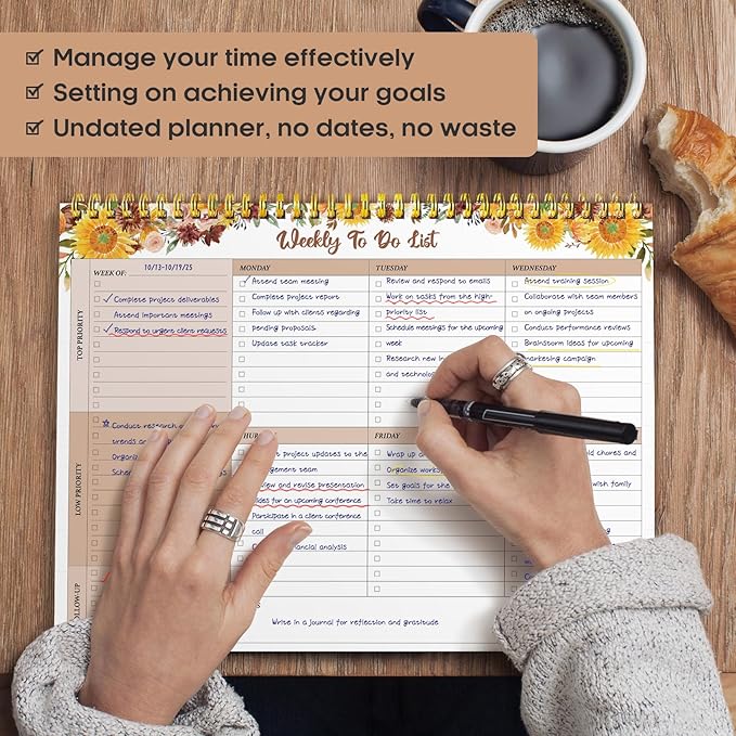 Taja Weekly To Do List Notepad with 52 Undated Sheets（8.5"×11"）- Weekly Desk Planner for Women & Man, Work and Home - 1 Pack Golden Sunflower