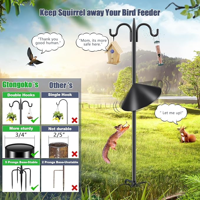Gtongoko Squirrel Proof Bird Feeder Pole, 108 Inch Double Shepherds Hook with 19 Inch Squirrel Baffle, Heavy Duty Adjustable Outdoor Bird Feeder Stand with 5-Prong Base for Garden, Plants, Black