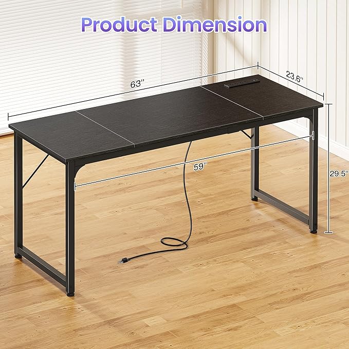 PRAISUN 63 X 24 Inch Office Computer Desk with Power Outlets and USB-C Port, Larger and Longer Gaming Desk, for Home Office, Study, Writing Work from Home Table, Metal Frame, Black