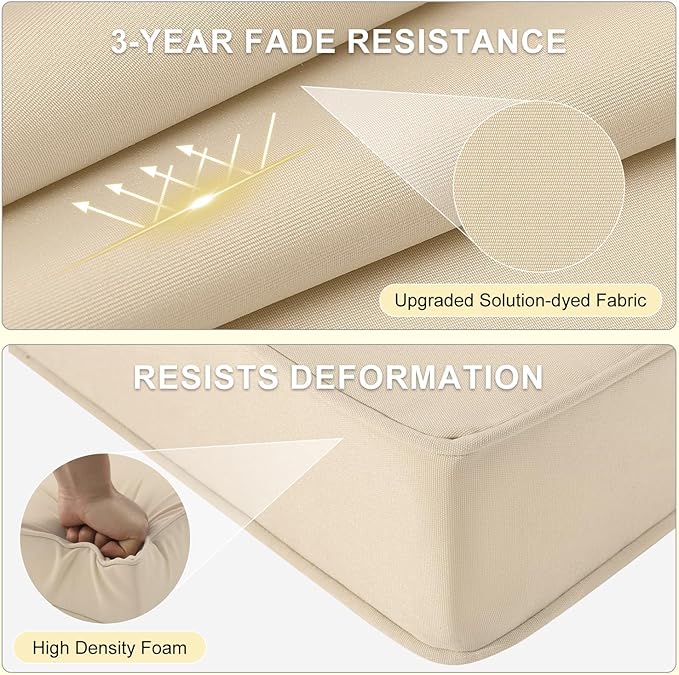 downluxe Waterproof Outdoor Chair Cushions for Patio Furniture, 24" x 24" x 4" Patio Chair Cushion with Adjustable Ties & Portable Handle, Square Outdoor Cushion with Removable Cover, Beige, 2 Pack