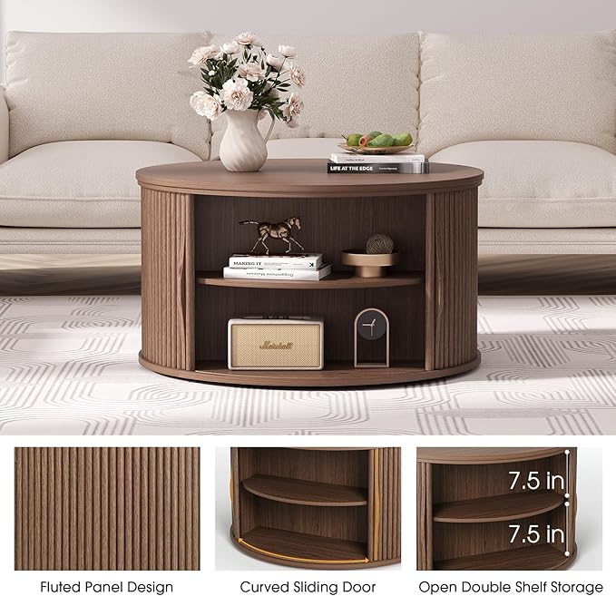 31.5" Round Lift Top Coffee Table, Mid Century Modern Walnut Center Table with Hidden Storage, Fluted Drum Wood Design for Small Living Room & Apartment