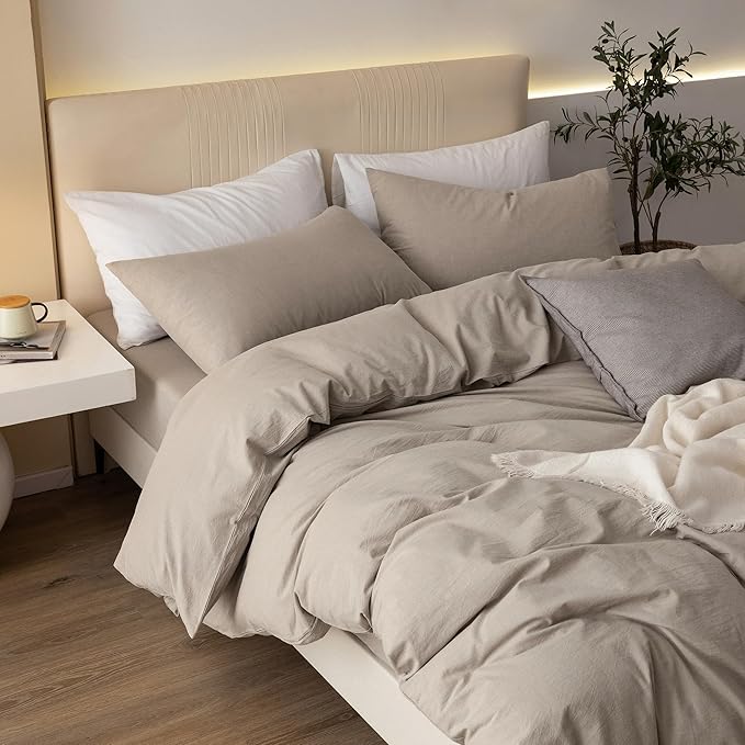 JIYUAN 100% Washed Cotton Duvet Cover Set 3 Pieces King, 1 Duvet Cover 104x90 Inches(Comforter Not Included) and 2 Pillowcases,Linen Feel Bedding Set Comfy and Breathable, Heathered Tannish Linen Grey