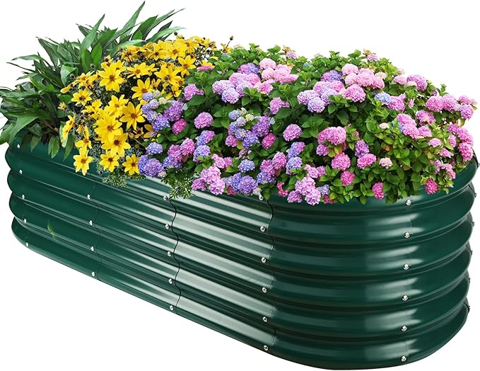 YSEJOMP 17" Tall Outdoor Garden Raised Garden Bed Kits,5ft X 2ft Oval,0.8MM Thick Metal Raised Planter Bed/Ground Planter Box for Variety of Flowers,Herbs,Vegetables (Dark Green, 60X24X16.5 Inches)