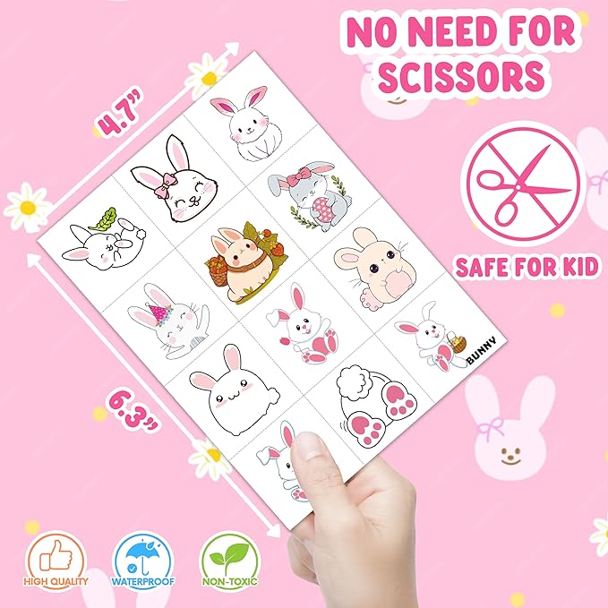 8 Sheets (96PCS) Bunny Pre-Cut Temporary Tattoos for Kids – Cute Bunny Birthday Party Favors Supplies Decorations, Easter Egg Carrot Tattoo Stickers for Boys and Girls, Classroom Rewards and Prizes