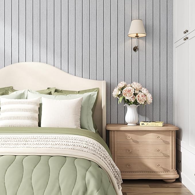 VEELIKE Light Grey Wood Wall Panels Peel and Stick Wood Slat Wall Panel
