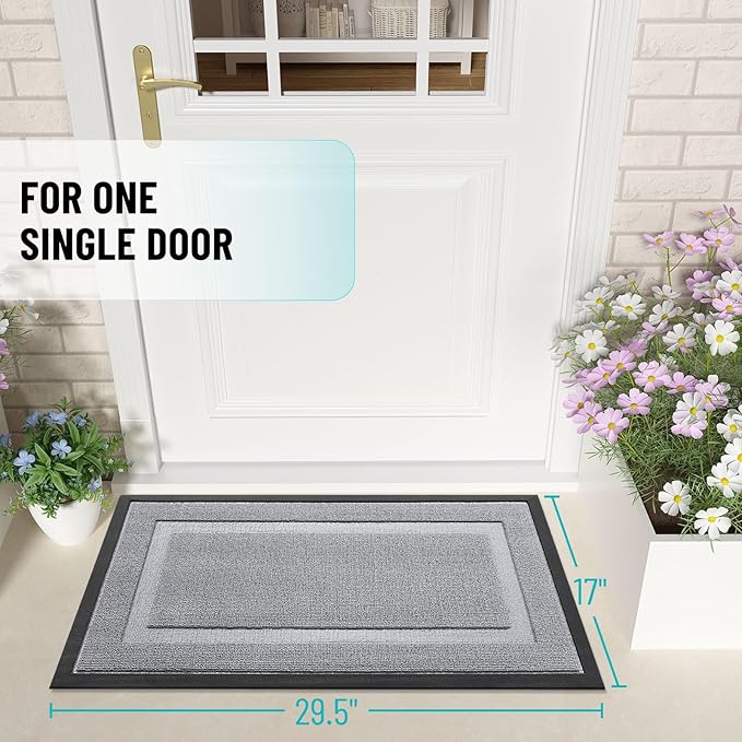 OLANLY Front Door Mat Indoor Outdoor Entrance, Waterproof All-Season, All-Weather Doormat, Sturdy Natural Rubber, Low Profile, Easy Clean Patio Porch Entryway Mat, 47x17, Silver Gray