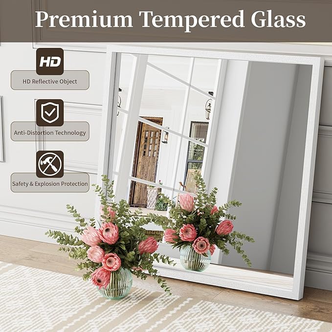 Syndra Square White Wood Frame Bathroom Mirror, Waterproof Slim Deep Frame
