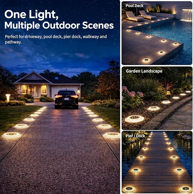 SHONELIGHTING Solar Driveway Lights, Super Bright 48 LED Disc Lights, Flat Low Profile IP67 Ground Lights Easy Install for Deck, Dock, Pathway, Patio, Walkway (Warm White, 6 Pack)