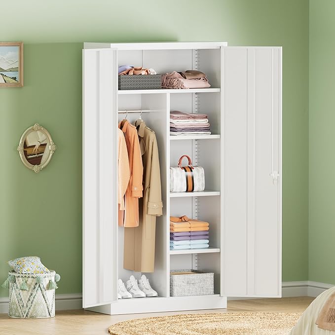 INTERGREAT Metal Wardrobe Closet, 72" Locking Storage Wardrobe Cabinet with Doors and Shelves, 18" D x 36" W Steel Clothes Storage Cabinets for Office, Home, School, Gym（White）