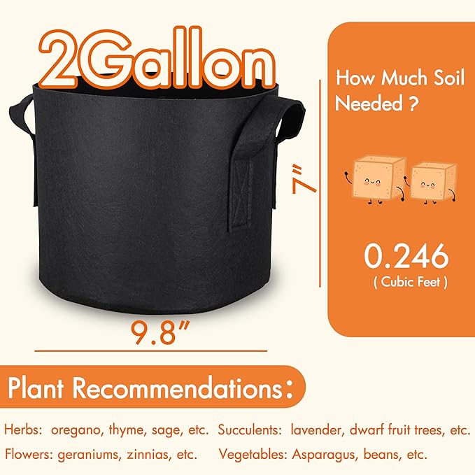 Gardzen 6-Pack 2 Gallon Grow Bags, 300G Thickened Nonwoven Fabric Pots with Handles, Heavy Duty Aeration Plant Bags for Gardening and Container Growing