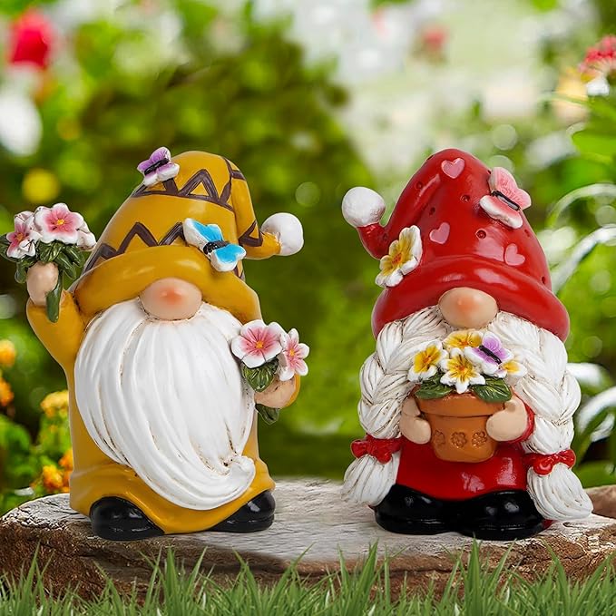 Hodao Spring Dance Gnome Set - Butterfly Gnome Figurine Holding Flower Spring Summer Home Indoor Decoration
