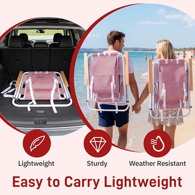 Outvita 2 Pack Folding Beach Chair, 4 Position Adjustable Reclining Lounge Chair with Padded Headrest, Large Rear & Side Storage Pockets, Lightweight Portable Outdoor Chair for Beach Pool Garden BBQ