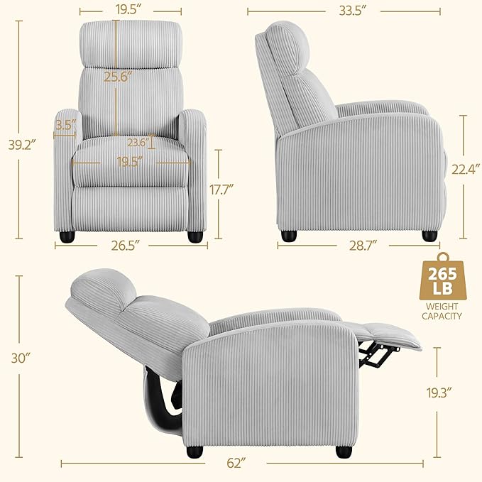 Yaheetech Corduroy Recliner Chair Single Sofa Home Theater Seating Adjustable Modern Reclining Chair for Living Room Bedroom Home Theater Light Gray