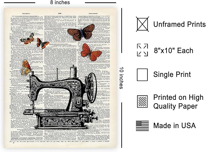 Poster Master Dictionary Art Poster - Sewing Machine Print - Sewing & Butterfly Art - Gift for Men, Women & Dressmaker - Chic Decor for Living Room, Bedroom or Office - 8x10 UNFRAMED Wall Art