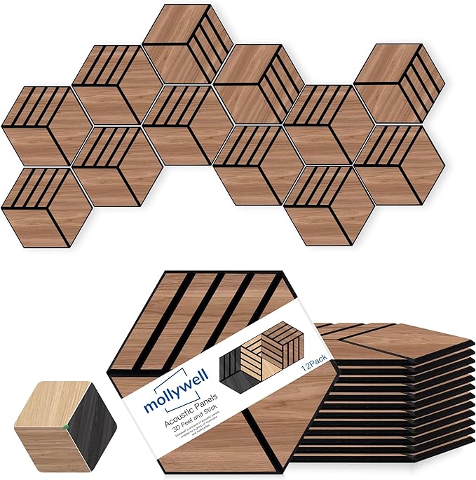 Mollywell Acoustic Panels, PVC Wood-Grain, 14x12 Inch Hexagon Carved Sound
