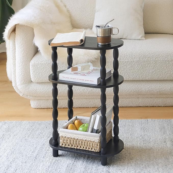 MaxSmeo Small Narrow Side Table, 3-Tier Narrow End Table with Storage, Skinny Side Table Nightstand for Small Space, Bedrooms, Living Room (Black)