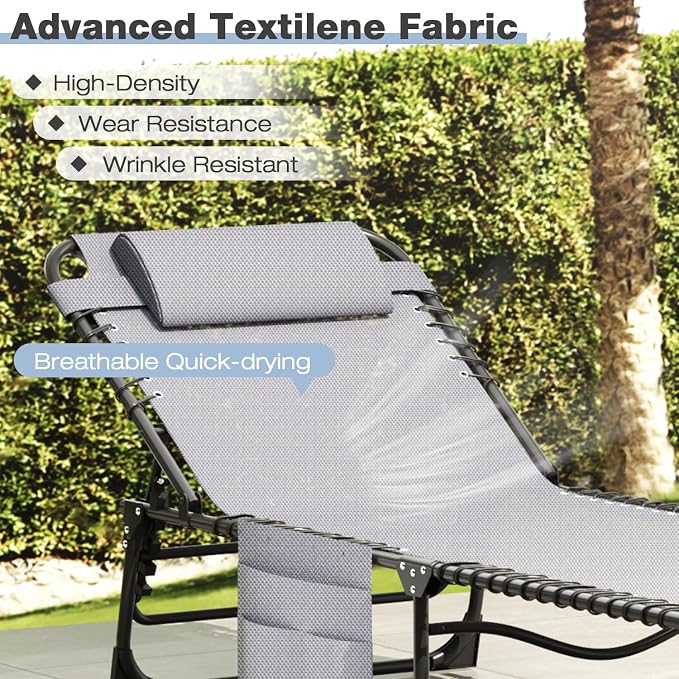 EBE Outdoor Lounge Chair, Portable Chaise Lounge Chair, Folding Sun Tanning Chairs with Detachable Pillow and Side Pocket, Reclining Chairs for Pool Beach Sunbathing, Grey
